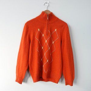 VINTAGE Argyle Wool Sweater Mens Small Knit Orange Jumper Italian 90s LPT ITALY